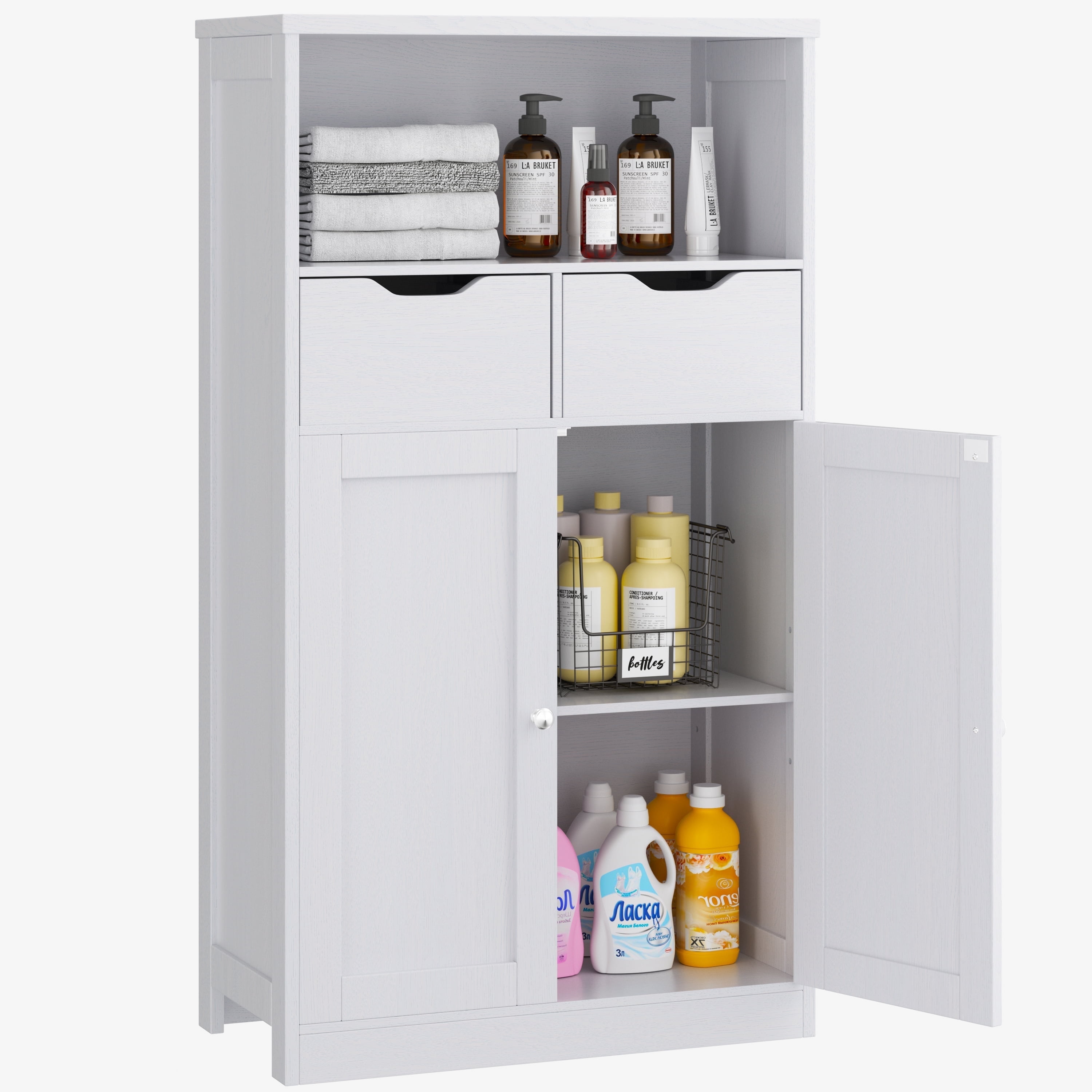 Walsunny Bathroom Storage Cabinet, Freestanding Pantry Cabinet with 2 Drawers and Adjustable Shelves, Wooden Floor Storage Organizer for Bathroom, Living Room, Kitchen, Entryway, Farmhouse, White